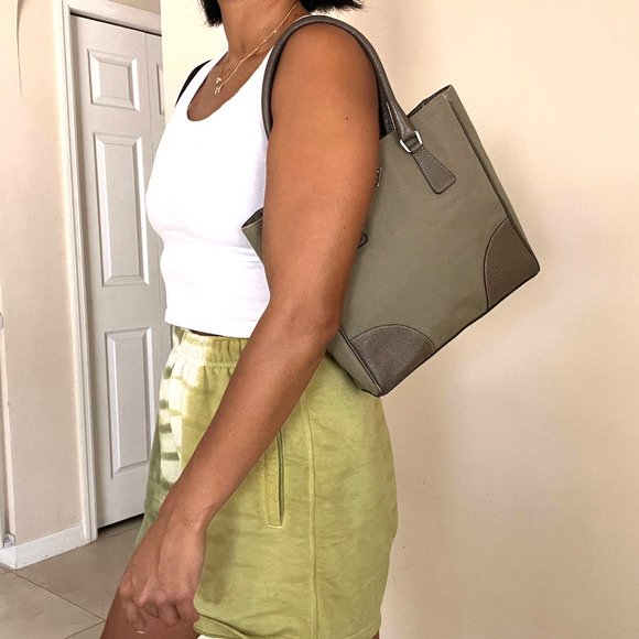 PRADA Olive Logo Canvas and Leather Tote Bag - Picture 12 of 13